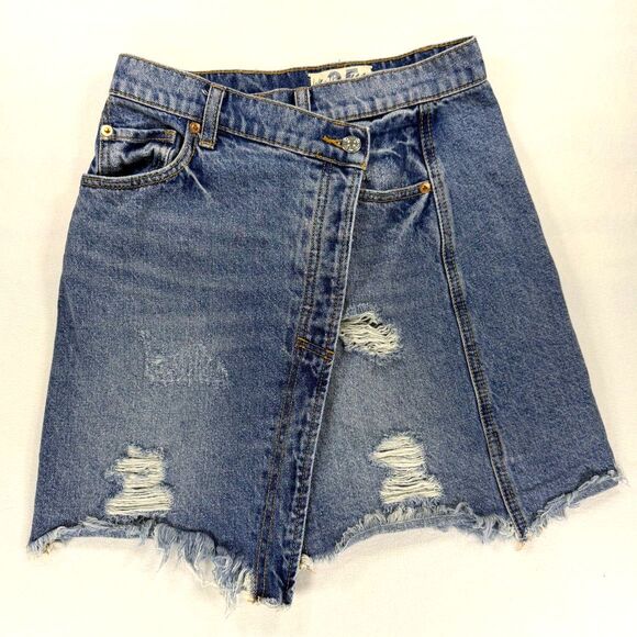 Free People Dresses & Skirts - Free People Parker Asymmetrical Wrap Distressed Denim Mini Skirt 25 Summer Boho